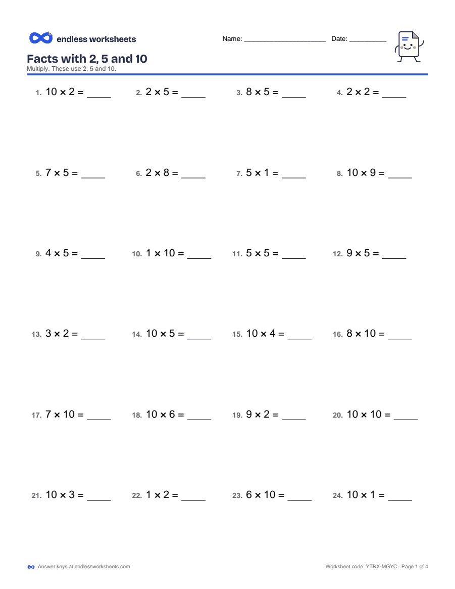 Page 1 of a free printable 3rd grade multiplication facts worksheet